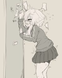 Rule 34 | 1girl, ^^^, arm up, bike shorts, blush, clenched hand, door, doorknob, embarrassed, fang, female focus, flying sweatdrops, from side, half-closed eyes, hand up, have to pee, jacket, japanese text, jpeg artifacts, knocking, long sleeves, miniskirt, monochrome, natsuki teru, nekomiya ryuu, open mouth, original, pleated skirt, short hair, sideways mouth, skirt, solo, standing, sweat, tears, translated, trembling