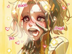 Rule 34 | 1girl, ahegao, artist name, blonde hair, blue eyes, blush, chromatic aberration, cross, drooling, hand on own chin, hand on own face, hands up, healing, heart, heart-shaped pupils, heavy breathing, implied sex, lodi bien, mercy (overwatch), messy hair, moaning, open mouth, overwatch, overwatch 1, parted bangs, plugsuit, ponytail, red cross, saliva, saliva trail, short hair, solo, sweat, symbol-shaped pupils, tears, teeth, tongue, tongue out, upper body, upper teeth only, yellow background, yes