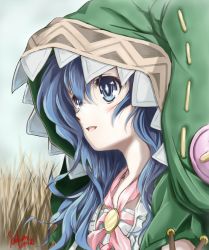 Rule 34 | 10s, 1girl, :d, animal ears, animal hood, blue eyes, blue hair, blush, bow, button eyes, buttons, cloak, coat, date a live, day, field, from side, highres, hood, hooded cloak, kem kem, long hair, matching hair/eyes, open mouth, outdoors, parted lips, rabbit ears, signature, smile, solo, upper body, yoshino (date a live)