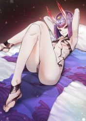 Rule 34 | 1girl, absurdres, arms behind head, arms up, black footwear, bob cut, breasts, crossed legs, eyelashes, eyeliner, fate/grand order, fate (series), feet, headpiece, highres, horns, legs, looking at viewer, lying, makeup, on back, oni, purple eyes, purple hair, revealing clothes, ribs, rx hts, short eyebrows, short hair, shuten douji (fate), skin-covered horns, small breasts, solo, toeless footwear