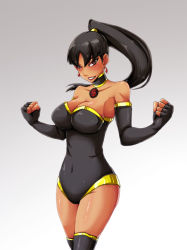 Rule 34 | 1girl, bare shoulders, black hair, breasts, choker, clenched hand, dc comics, detached sleeves, dream demon, elbow gloves, emblem, fingerless gloves, gloves, justice league, leotard, ponytail, solo, strapless, superwoman, thighhighs