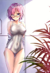 Rule 34 | 1girl, absurdres, arms behind back, bare shoulders, blush, breasts, collarbone, covered navel, fate/grand order, fate (series), fingernails, glasses, gluteal fold, highres, indoors, jacket, koyuki (kotatsu358), looking at viewer, mash kyrielight, medium breasts, off shoulder, one-piece swimsuit, parted lips, pink hair, purple eyes, scan, shiny clothes, shiny skin, short hair, simple background, solo, swimsuit, white one-piece swimsuit