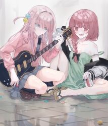 Rule 34 | 2girls, bare shoulders, black bow, black nails, black socks, blue eyes, blunt bangs, bocchi the rock!, bow, braid, breasts, brown footwear, cleavage, closed mouth, collarbone, commentary request, cube hair ornament, damage hair, dress, drunk, electric guitar, geta, gibson les paul, gotoh hitori, green dress, grey background, grey skirt, guitar, hair bow, hair ornament, hair over shoulder, highres, hiroi kikuri, holding, holding carton, holding instrument, instrument, jacket, loafers, long hair, long sleeves, looking down, medium breasts, medium dress, multiple girls, one side up, open clothes, open jacket, open mouth, outdoors, pink hair, pink jacket, pleated skirt, school uniform, sharp teeth, shoes, single braid, sitting, skirt, smile, socks, spaghetti strap, strap slip, teeth, track jacket