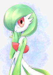 Rule 34 | 1girl, arm at side, blue background, bob cut, butter (oshi8kyoumoh), closed mouth, colored skin, creatures (company), female focus, flat chest, from side, game freak, gardevoir, gen 3 pokemon, green hair, green skin, hair over one eye, hand to own mouth, hand up, happy, looking at viewer, multicolored skin, nintendo, one eye covered, pokemon, pokemon (creature), red eyes, short hair, smile, solo, standing, two-tone skin, white skin