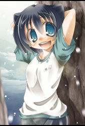 Rule 34 | &uuml;＠0/22, armpits, arms behind head, arms up, blue eyes, blue hair, breasts, highres, looking at viewer, original, shirt, short hair, small breasts, smell, smile, stain, sweat, sweat stain, t-shirt