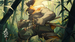 Rule 34 | 1boy, abs, bamboo, bamboo forest, bara, bear boy, beard, chest tuft, facial hair, feet out of frame, fighting stance, forest, full beard, furry, furry male, large hands, large pectorals, long hair, luerstine, male focus, mature male, muscular, muscular male, nature, nipples, original, pectorals, ready to draw, ronin, solo, standing, strongman waist, thick beard, thick eyebrows, topless male, very long hair