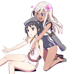 Rule 34 | 10s, 2girls, ^^^, arm grab, black eyes, black hair, blonde hair, caryo, choker, crop top, diving mask, diving mask on head, flower, goggles, goggles on head, hair flower, hair ornament, heart, kantai collection, kneeling, long hair, long legs, maru-yu (kancolle), multiple girls, nanashino, one-piece swimsuit, open mouth, ro-500 (kancolle), sandals, school swimsuit, short hair, simple background, sitting, sweat, swimsuit, swimsuit under clothes, tan, tanline, tears, torpedo, white background, white one-piece swimsuit, white school swimsuit