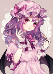 Rule 34 | 1girl, back bow, bat wings, black wings, blush, bow, bowtie, brown background, closed mouth, commentary request, cosmetics, dress, eyelashes, glitter, hair down, hat, hat bow, head tilt, highres, holding, lace background, lace trim, lipstick, lipstick tube, long hair, looking at viewer, makeup, mascara, mob cap, nail polish, pink dress, pink eyes, puffy short sleeves, puffy sleeves, purple bow, purple dress, purple hair, purple hat, purple nails, red eyes, remilia scarlet, short sleeves, smile, solo, touhou, upper body, wings, wrist cuffs, youtan