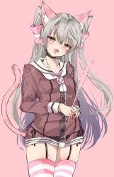 Rule 34 | 1girl, amatsukaze (kancolle), animal ears, black panties, blush, brown dress, cat ears, cat tail, chigasaki yukari, dress, fang, garter straps, grey hair, hair between eyes, hair tubes, highres, holding, kantai collection, long hair, long sleeves, neckerchief, open mouth, orange eyes, panties, pink background, pink theme, sailor collar, sailor dress, see-through, see-through dress, side-tie panties, simple background, solo, striped clothes, striped thighhighs, tail, thighhighs, two side up, underwear, white neckerchief, white sailor collar