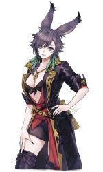 Rule 34 | 1girl, animal ears, warrior of light (ff14), belt, black bra, black coat, black footwear, black hair, black nails, black skirt, boots, bra, breasts, chain necklace, cleavage, coat, collarbone, contrapposto, cropped legs, cross-laced footwear, eyes visible through hair, eyeshadow, feather hair ornament, feathers, feet out of frame, final fantasy, final fantasy xiv, fingernails, from side, front-tie bra, green eyes, hair ornament, hand on own hip, hand on own thigh, highres, jewelry, long fingernails, looking at viewer, makeup, medium breasts, medium hair, mole, mole under eye, nail polish, necklace, open clothes, open coat, purple eyeshadow, rabbit ears, sharp fingernails, signature, simple background, skirt, smile, solo, standing, suyamii, swept bangs, thigh boots, underwear, viera, white background