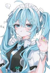 Rule 34 | 1girl, :t, ahoge, alternate costume, aqua eyes, aqua hair, aqua necktie, bandaged fingers, bandages, blush, breasts, commentary, enmaided, hair ornament, hairclip, hatsune miku, highres, long hair, looking at viewer, maid, maid headdress, medium breasts, name tag, necktie, puffy short sleeves, puffy sleeves, short sleeves, simple background, solo, twintails, vocaloid, wabun, white background, white wrist cuffs, wrist cuffs