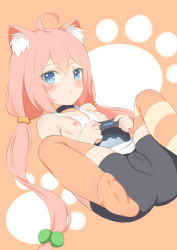 Rule 34 | 1girl, ahoge, animal ear fluff, animal ears, asymmetrical legwear, bare shoulders, bike shorts, black choker, black shorts, blue eyes, blush, breasts, cameltoe, cat ears, choker, commentary request, controller, feet, game controller, hair between eyes, hair bobbles, hair ornament, hinata channel, holding, long hair, looking at viewer, low twintails, lying, mismatched legwear, nekomiya hinata, nipples, no shoes, on back, orange thighhighs, parted lips, pink hair, shirt, short shorts, shorts, small breasts, solo, striped clothes, striped thighhighs, tank top, thighhighs, toshishikisai, twintails, very long hair, virtual youtuber, white shirt