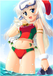 Rule 34 | 1girl, artist request, bikini, blue eyes, breasts, christmas, copyright request, hat, large breasts, long hair, multicolored bikini, multicolored clothes, ocean, panties, santa hat, solo, swimsuit, underwear, water, white hair
