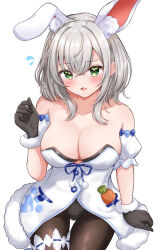 Rule 34 | 1girl, animal ear fluff, animal ears, black gloves, black leotard, black pantyhose, blush, breasts, carrot in pocket, cleavage, cosplay, don-chan (usada pekora), dress, fur-trimmed dress, fur-trimmed gloves, fur trim, gloves, green eyes, grey hair, hololive, large breasts, leotard, leotard under clothes, looking at viewer, open mouth, pantyhose, rabbit ears, rinkaa (lovelive765pro2), shirogane noel, short hair, solo, strapless, strapless leotard, usada pekora, usada pekora (1st costume), usada pekora (cosplay), virtual youtuber, white background, white dress