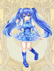 Rule 34 | 1girl, bare shoulders, blue dress, blue footwear, blue hair, blue sleeves, blush, boots, breasts, closed mouth, dairoku ryouhei, detached sleeves, dress, full body, grey eyes, hair between eyes, hair ornament, hairclip, hand up, knee boots, large breasts, long hair, long sleeves, looking at viewer, official art, print dress, shikito (yawa0w0), sleeveless, sleeveless dress, sleeves past wrists, smile, solo, standing, standing on one leg, twintails, very long hair