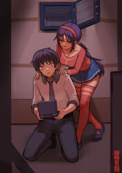 1boy 1girl arms_on_another&#039;s_shoulder belt blue_footwear blue_hair breasts cleavage denim dress_shirt hair_tie hairband handheld_game_console highres holding imminent_death indoors jeans kneeling large_breasts light_blush long_hair looking_at_viewer miniskirt miside mita_(miside) open_mouth pants player_character_(miside) purple_eyes purple_hair red_hairband red_shirt red_thighhighs safe_(container) shirt shoes short_hair skirt spoilers tangcujisui thighhighs translation_request very_long_hair