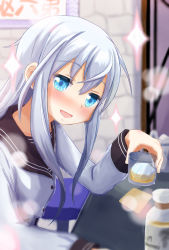 Rule 34 | 1girl, black sailor collar, blue eyes, blush, bottle, commentary request, cup, dress shirt, drink, hibiki (kancolle), highres, holding, holding cup, ice, kantai collection, long hair, noname7742, open mouth, sailor collar, shirt, smile, solo, sparkle, upper body, verniy (kancolle), white hair, white shirt