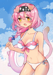 Rule 34 | 1girl, absurdres, animal ears, arknights, bikini, blue bow, blue sky, blush, bow, braid, breasts, brown eyes, cat ears, cat girl, cat tail, cleavage, cloud, collarbone, day, fang, goldenglow (arknights), hair between eyes, hair bow, hair over shoulder, highres, hoshi lingdang, innertube, innertube with ears, lightning bolt symbol, long hair, medium breasts, navel, nose blush, open mouth, outdoors, pink hair, side-tie bikini bottom, single braid, sky, solo, swim ring, swimsuit, tail, white bikini, yellow eyes