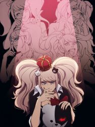 Rule 34 | 10s, 1girl, bespectacled, blue eyes, blush, breasts, cleavage, crown, crying, danganronpa: trigger happy havoc, danganronpa (series), dual persona, enoshima junko, fang, glasses, hair ornament, hanpetos, long hair, looking at viewer, medium breasts, monokuma, multiple persona, nail polish, necktie, one eye closed, pink hair, school uniform, sleeves rolled up, smile, spoilers, tears, twintails, wavy mouth
