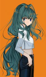 Rule 34 | 1girl, black pants, blouse, blue eyes, closed mouth, crop top, fingernails, from side, green hair, hair between eyes, hair intakes, highres, long hair, long sleeves, looking at viewer, looking to the side, low-tied long hair, luicent, midriff, navel, orange background, original, pants, shirt, simple background, solo, standing, very long hair, white shirt, zipper, zipper pull tab