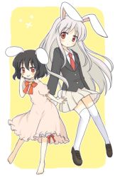 Rule 34 | 2girls, :p, :x, akanbe, animal ears, barefoot, black hair, blazer, blush, carrot, dress, eyelid pull, female focus, inaba tewi, jacket, loafers, long hair, multiple girls, necktie, pink dress, pink hair, purple hair, rabbit ears, red eyes, red necktie, reisen udongein inaba, shoes, short hair, skirt, tamaki (209), thighhighs, tongue, tongue out, touhou, very long hair, white thighhighs