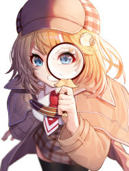 Rule 34 | 1girl, black thighhighs, blonde hair, blue eyes, blurry, blurry background, breasts, collared shirt, grin, hair ornament, hat, highres, holding, hololive, hololive english, jacket, leaning forward, long sleeves, looking at viewer, magnifying glass, medium breasts, mikan (chipstar182), plaid, plaid skirt, red neckwear, shirt, simple background, skirt, smile, solo, teeth, thighhighs, v-shaped eyebrows, virtual youtuber, watson amelia, watson amelia (1st costume), white background, white shirt