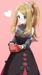 Rule 34 | 1girl, bare shoulders, black dress, blush, box, brown hair, closed mouth, clothing cutout, commentary request, creatures (company), dress, game freak, gift, gift box, grey eyes, grey shirt, heart, heart-shaped box, high ponytail, highres, holding, holding gift, long hair, long sleeves, nintendo, nose blush, official alternate costume, pentagon (railgun ky1206), pink background, pokemon, pokemon masters ex, ponytail, puffy long sleeves, puffy sleeves, serena (palentine&#039;s 2021) (pokemon), shirt, shoulder cutout, sidelocks, sleeveless, sleeveless dress, sleeves past wrists, solo, wavy mouth