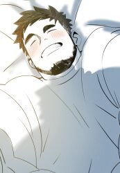 Rule 34 | 1boy, ^ ^, absurdres, bara, beard, blush, closed eyes, dyzd1, facial hair, foreshortening, from above, full beard, greyscale, happy, highres, lying, male focus, monochrome, on back, original, outstretched arms, short hair, solo, spot color, sunlight, thick eyebrows, upper body