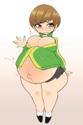 Rule 34 | 1girl, absurdres, breasts, chibi, cleavage, female focus, full body, hellbrain, highres, large breasts, matching hair/eyes, persona, persona 4, plump, pregnant, satonaka chie, short hair, solo, sweat