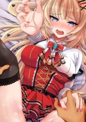 Rule 34 | 1girl, absurdres, akai haato, akai haato (gothic lolita), alicedaina, black thighhighs, blonde hair, blue eyes, blush, breasts, full-face blush, hair ornament, hairclip, heart, heart-shaped pupils, heart hair ornament, highres, holding hands, hololive, huge filesize, implied sex, nail polish, open mouth, pov, spread legs, sweat, symbol-shaped pupils, tears, thigh grab, thighhighs, torogao, virtual youtuber, x hair ornament