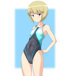 Rule 34 | 10s, 1girl, absurdres, bad id, bad pixiv id, black eyes, blonde hair, blunt bangs, cameltoe, commentary request, competition swimsuit, covered navel, cowboy shot, cutlass (girls und panzer), flat chest, girls und panzer, girls und panzer saishuushou, highres, leaning back, looking at viewer, multicolored clothes, multicolored swimsuit, one-piece swimsuit, short hair, solo, swimsuit, takafumi