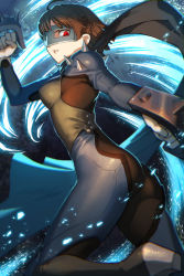 Rule 34 | 10s, 1girl, arm up, ass, biker clothes, bodysuit, braid, breasts, brown hair, crown braid, energy, eyelashes, fighting stance, from side, gloves, high heels, holding, holding weapon, lips, looking at viewer, mask, medium breasts, motion blur, nekorin (nekoforest), niijima makoto, outstretched arm, parted lips, persona, persona 5, red eyes, scarf, short hair, shoulder pads, shoulder spikes, skin tight, solo, spikes, upper body, weapon