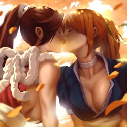 Rule 34 | 2girls, absurdres, breasts, brown hair, choker, cleavage, crossover, dead or alive, closed eyes, fatal fury, female focus, hair ribbon, highres, hyuhd, kasumi (doa), kiss, large breasts, long hair, multiple girls, ninja, petals, ponytail, ribbon, shiranui mai, sideboob, snk, tecmo, the king of fighters, trait connection, white choker, yellow ribbon, yuri