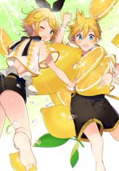 Rule 34 | 1boy, 1girl, ;d, alternate height, argyle, ass, bad id, bad pixiv id, bare arms, bare legs, barefoot, belt, black ribbon, blonde hair, blue eyes, blush, brother and sister, d:, food, fruit, grabbing, hair ribbon, happy, kagamine len, kagamine rin, leaf, lemon, lemon slice, looking at viewer, looking back, one eye closed, open mouth, oversized food, oversized object, polka dot, ribbon, see-through, shaded face, shimada71 72, short hair, shorts, siblings, smile, thighs, twins, vocaloid, water, water drop, white ribbon, yellow belt