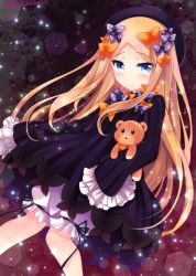 Rule 34 | 1girl, abigail williams (fate), black bow, black dress, black hat, blonde hair, bloomers, blue eyes, blush, bow, bug, butterfly, commentary request, dress, fate/grand order, fate (series), hair bow, hat, hugging object, ichiyou moka, insect, knees together feet apart, long hair, long sleeves, looking at viewer, orange bow, parted bangs, parted lips, polka dot, polka dot bow, sleeves past wrists, solo, stuffed animal, stuffed toy, teddy bear, twitter username, underwear, very long hair, white bloomers