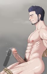 Rule 34 | 1boy, abs, bara, cum, cum on body, looking at viewer, male focus, muscular, naughty face, nipples, nude, pectorals, penis, restrained, saliva, sex toy, sweat, tagme, testicles, toto (artist), uncensored