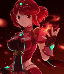 Rule 34 | 1girl, black gloves, breasts, chest jewel, earrings, fingerless gloves, gem, gloves, headpiece, jewelry, large breasts, pyra (xenoblade), red eyes, red hair, short hair, solo, swept bangs, tiara, xenoblade chronicles (series), xenoblade chronicles 2, yuni (unitary 580)
