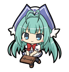 Rule 34 | 1girl, antenna hair, aqua hair, bad id, bad pixiv id, black pantyhose, blue eyes, blue sailor collar, blue skirt, blush stickers, bow, bowtie, briefcase, brown footwear, character request, chibi, closed mouth, commentary request, emil chronicle online, full body, hair intakes, hair wings, hat, head wings, holding, long hair, looking at viewer, pantyhose, pleated skirt, puffy short sleeves, puffy sleeves, red bow, red bowtie, ri-net, sailor collar, school briefcase, school uniform, serafuku, shirt, short sleeves, sidelocks, simple background, skirt, smile, solo, standing, standing on one leg, very long hair, white background, white hat, white shirt, white wings, wings