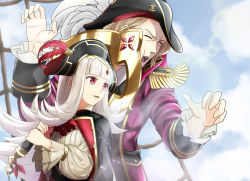 Rule 34 | 1boy, 1girl, absurdres, anchor, blonde hair, blue sky, cloud, commentary request, fire emblem, fire emblem fates, fire emblem heroes, grey hair, hat, highres, holding, long hair, long sleeves, nintendo, official alternate costume, one eye closed, open mouth, parted lips, pirate costume, pirate hat, red eyes, short hair, sky, sukkirito (rangusan), upper body, veronica (fire emblem), xander (fire emblem), xander (pirate) (fire emblem)