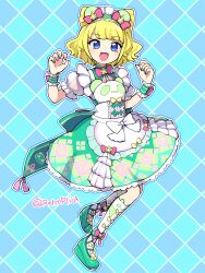 Rule 34 | 1girl, :d, animal ears, animal print, bear ears, blonde hair, blue eyes, blunt bangs, bow, claw pose, commentary request, cone hair bun, curly hair, double bun, dress, fake animal ears, frilled dress, frills, full body, green dress, green footwear, green hairband, green nails, hair bun, hairband, hands up, highres, idol clothes, looking at viewer, minami mirei, nail polish, nana (retroplica), open mouth, pink bow, pink nails, pretty series, pripara, puffy short sleeves, puffy sleeves, short hair, short sleeves, smile, socks, solo, standing, twitter username, wrist cuffs
