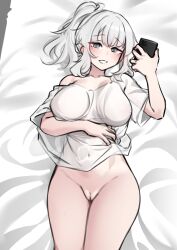 1girl absurdres bed_sheet blunt_bangs blush breasts cleft_of_venus clothes_lift collarbone commission covered_erect_nipples covered_navel grey_eyes grin hand_on_own_stomach high_ponytail highres holding holding_phone k0ng large_breasts light_blush long_hair looking_at_viewer lying naked_shirt on_back on_bed original oversized_clothes oversized_shirt phone pussy raised_eyebrows see-through_clothes see-through_shirt shirt shirt_lift sidelocks single_off_shoulder smile teeth wavy_hair white_hair white_shirt