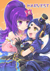Rule 34 | 2girls, :d, black dress, black gloves, blue hair, blunt bangs, bow, braid, braided bangs, closed mouth, cover, cover page, cowboy shot, detached sleeves, dress, garara s leep, gloves, hair bow, hanazono shuka, hand on another&#039;s back, hand up, hat, head chain, headphones, holding hands, idol clothes, idol time pripara, interlocked fingers, long hair, looking at another, mini hat, mizuki gyokuran, multiple girls, open mouth, pink bow, ponytail, pretty series, pripara, puffy short sleeves, puffy sleeves, purple eyes, purple hair, short sleeves, smile, symbol-shaped pupils, twintails, very long hair, yellow eyes