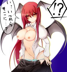 Rule 34 | 1girl, bad id, bad pixiv id, bat wings, blush, breasts, censored, clothes pull, collarbone, convenient censoring, demon wings, dress shirt, female focus, groin, head wings, koakuma, large breasts, long hair, long sleeves, navel, nipples, no bra, open clothes, open shirt, open skirt, panties, panty pull, puffy sleeves, red hair, shirt, skirt, skirt pull, solo, speech bubble, standing, sweat, tenpesuto, text focus, touhou, translated, underwear, undressing, wings, yellow eyes