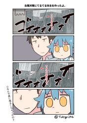 Rule 34 | 0 0, 1boy, 1girl, 4koma, :|, black hair, blue hair, closed mouth, comic, commentary request, highres, personification, rain, sidelocks, staring, translation request, tsukigi, twitter, twitter-san, twitter-san (character), twitter username, yellow eyes