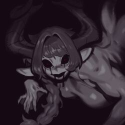 Rule 34 | 1girl, all fours, black sclera, blood, blood from mouth, bloody tears, bottomless, braid, breasts, colored sclera, crop top, eigaka, greyscale, halterneck, highres, hollow mouth, horns, horror (theme), large breasts, looking at viewer, monochrome, muscular, muscular female, original, pointy ears, red eyes, side braid, simple background, solo, spot color