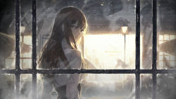 Rule 34 | 1girl, about me (vocaloid), brown eyes, brown hair, commentary, from behind, indie utaite, lamppost, long hair, looking at viewer, looking back, mes (utaite), original, rella, solo, vocaloid, window