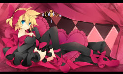 Rule 34 | 1boy, bad id, bad pixiv id, black thighhighs, blonde hair, blue eyes, bow, crossdressing, dress, elbow gloves, gloves, hair bow, highres, kagamine len, leeannpippisum, letterboxed, looking at viewer, male focus, pillow, sitting, smile, solo, thighhighs, trap, vocaloid