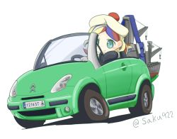 Rule 34 | 1girl, beret, blonde hair, blue hair, car, check commentary, chibi, citroen c3, commandant teste (kancolle), commentary, commentary request, crane (machine), driving, hat, kantai collection, license plate, long hair, machinery, motor vehicle, multicolored hair, partial commentary, pom pom (clothes), red hair, sakusan (ss-awesome), simple background, solo, streaked hair, twitter username, vehicle focus, wavy hair, white background, white hair