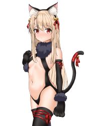 Rule 34 | 1girl, absurdres, animal ears, animal hands, ass, bell, bikini, black bikini, black thighhighs, blush, bow, breasts, cat ears, cat tail, cleavage, commentary request, detached sleeves, fake animal ears, fake tail, fate/grand order, fate/kaleid liner prisma illya, fate (series), fur scarf, gloves, hair bell, hair between eyes, hair bow, hair ornament, hair ribbon, hairband, highres, illyasviel von einzbern, light brown hair, long hair, looking at viewer, midriff, navel, paw gloves, red eyes, ribbon, sidelocks, simple background, solo, swimsuit, tail, tail bell, tail bow, tail ornament, tail ribbon, thighhighs, tor ai, white background