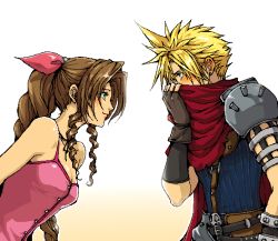 Rule 34 | 1boy, 1girl, aerith gainsborough, armor, bare arms, bare shoulders, belt, blonde hair, blue shirt, blush, braid, breasts, brown gloves, brown hair, buttons, cape, choker, cleavage, cloud strife, couple, curly hair, dress, earrings, final fantasy, final fantasy vii, fingerless gloves, garakuta (chika), gloves, green eyes, hetero, jewelry, kingdom hearts, kingdom hearts i, leaning forward, long hair, materia, necklace, pink dress, popo (popochan-f), red cape, ribbon, ringlets, shirt, shoulder armor, simple background, spaghetti strap, spiked hair, square enix, suspenders
